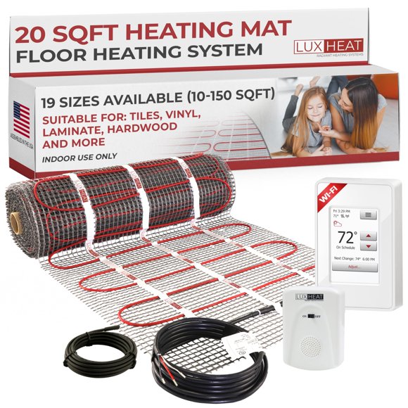 LuxHeat 20sqft Floor Heating Mat Kit - 120v Infloor Heating System - Electric Radiant Heated Flooring System for Tile & Laminate - Includes UWG4 WiFi Programmable Thermostat w/GFCI, Alarm & Sensor