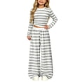 thumbnail image 2 of Xdegoge Girls 2 Piece Outfits Striped Ribbed Knit Long Sleeve Crop Top and Wide Leg Pants Set Casual Lounge Sweatsuits for Kids Fall Wear, 2 of 9