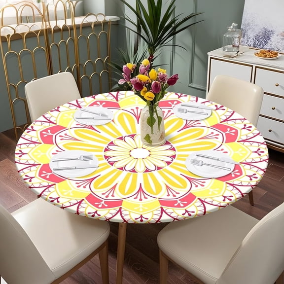 Round Tablecloth with Elastic Edge, 40inch Waterproof Round Fitted Vinyl Tablecloth, Waterproof Wipeable TableCover for Indoor Outdoor