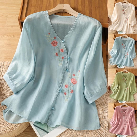 FNFYFH Women Summer 3/4 Sleeve Shirt Retro Embroidered Chinese Blouse Top Traditional Mandarin Collar Ethnic Qipao Shirts