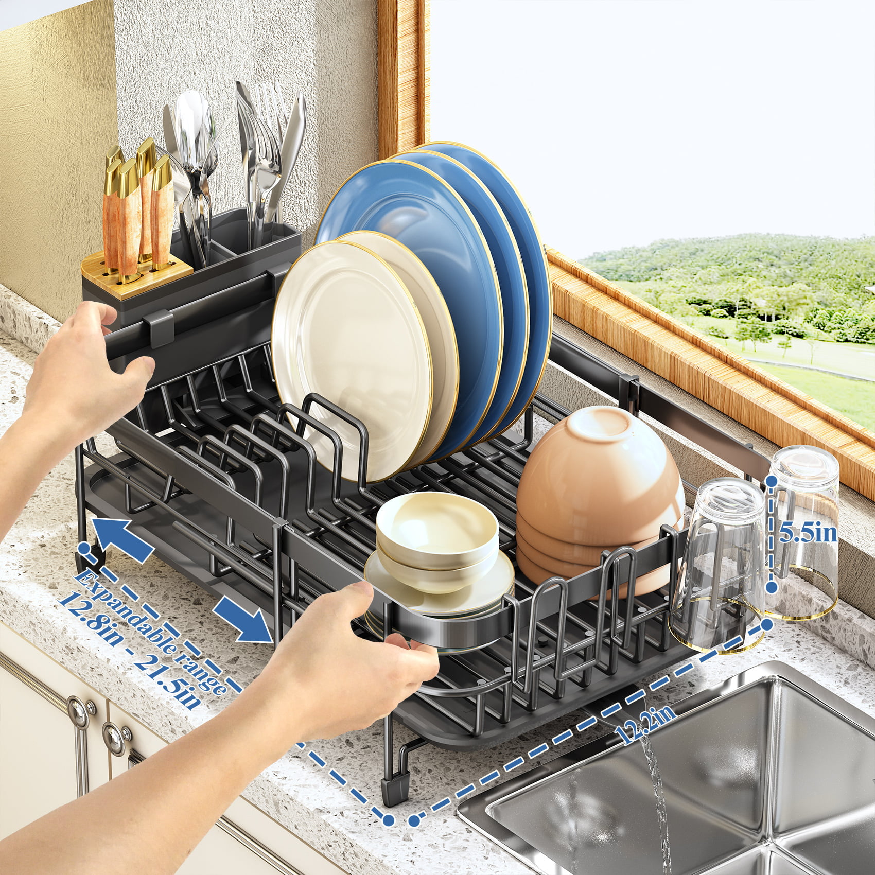 SAYZH Dish Drying Rack, Over The Sink Dish Drying Rack Length Adjustable  (from 338 to 415), 2 Tier Large Dish Rack with cup Holder Ute