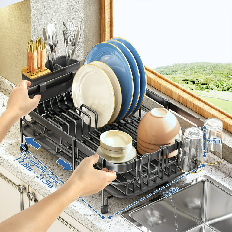 SAYZH Dish Drying Rack, Expandable(12.8 inch-21.5 inch) Dish Rack with Utensil Holder Cup Holder, Stainless Steel Dish Rack and Drainboard Set for