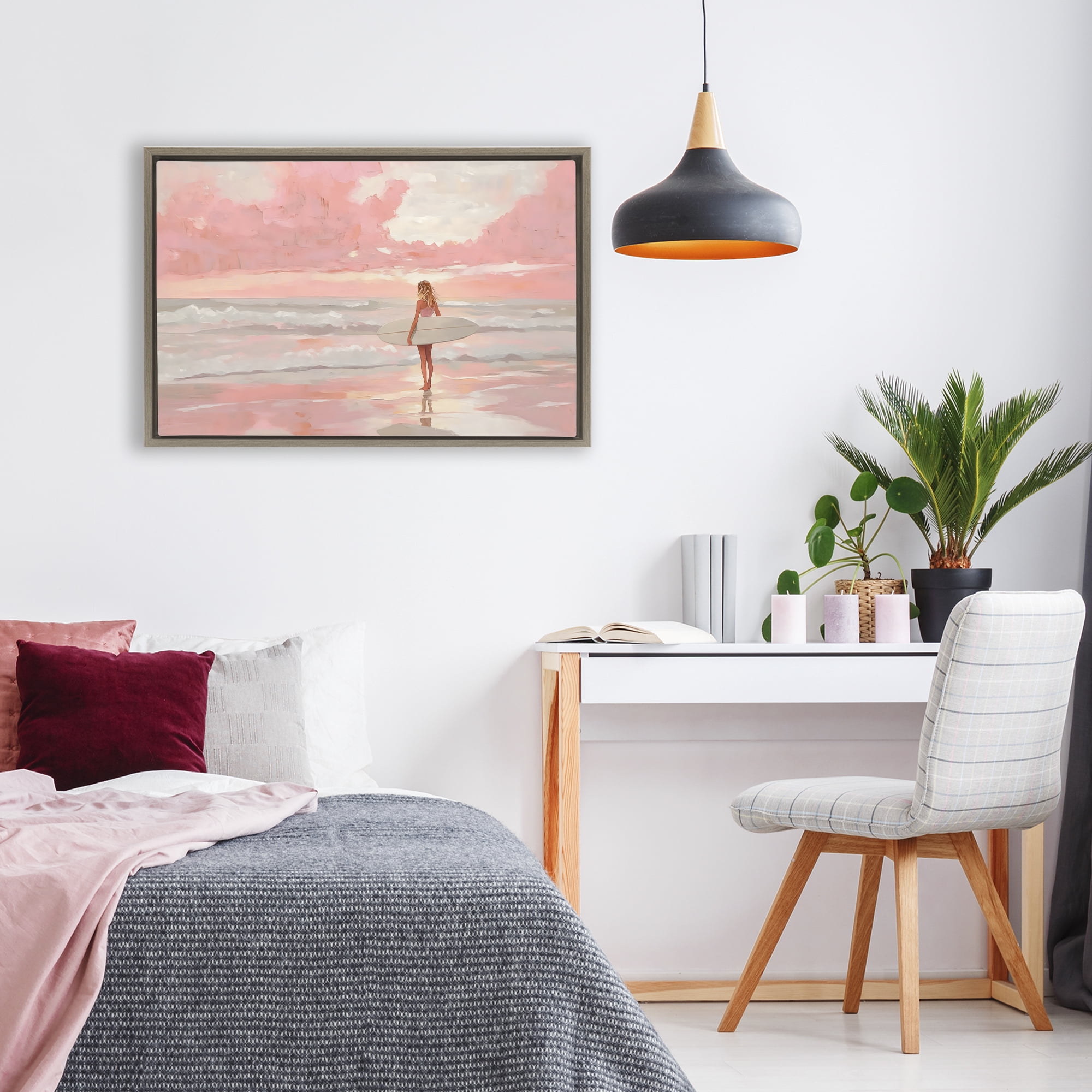 Pink Sky Surfer Brown Framed Floater Canvas Wall Art, design by LSR Design Studio
