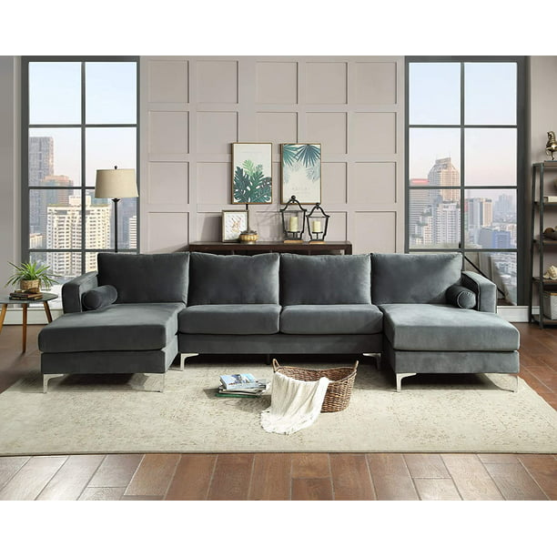Large Velvet U Shape Sectional Sofa, Double Wide Leather Chaise Lounge