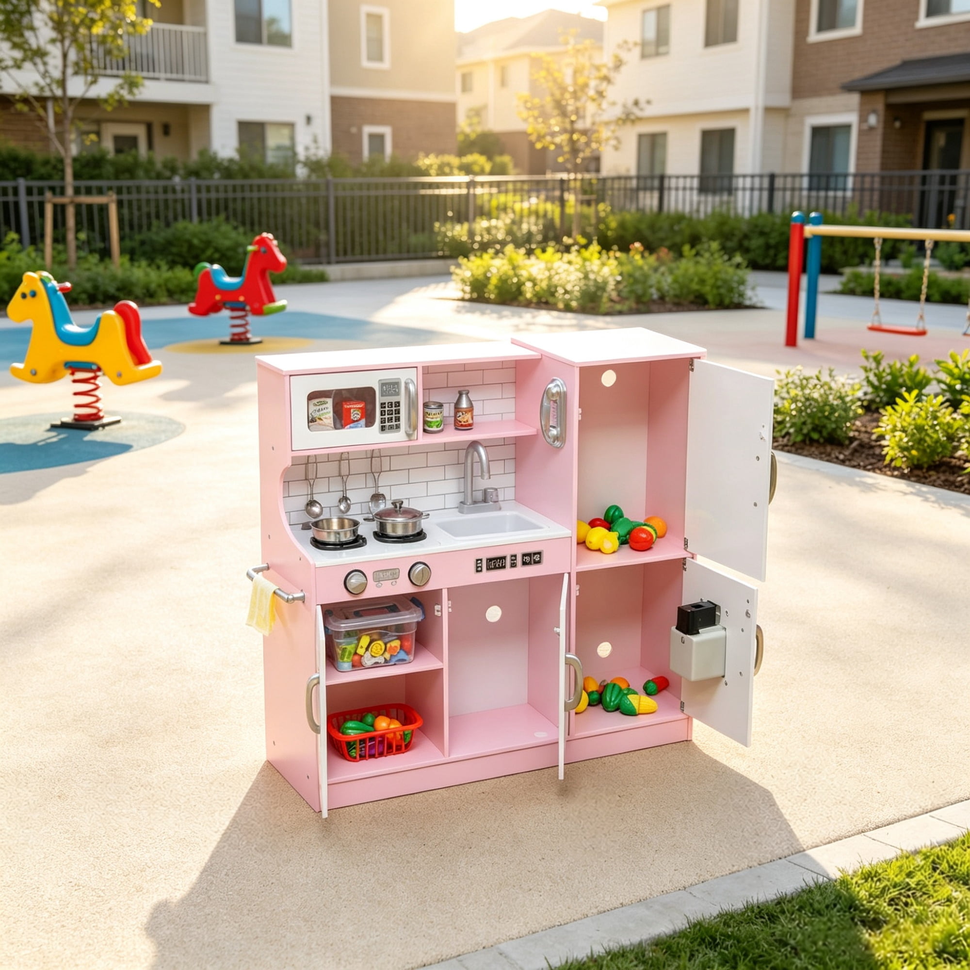 Pretend Play, Kids Kitchen Playset with Play Phone, Chalkboard, Towel Rack & Ice Maker, Pink