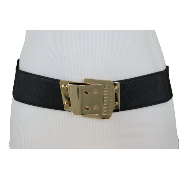 Women Black Elastic Band Belt High Waist Hip Gold Metal Square Buckle Size S M