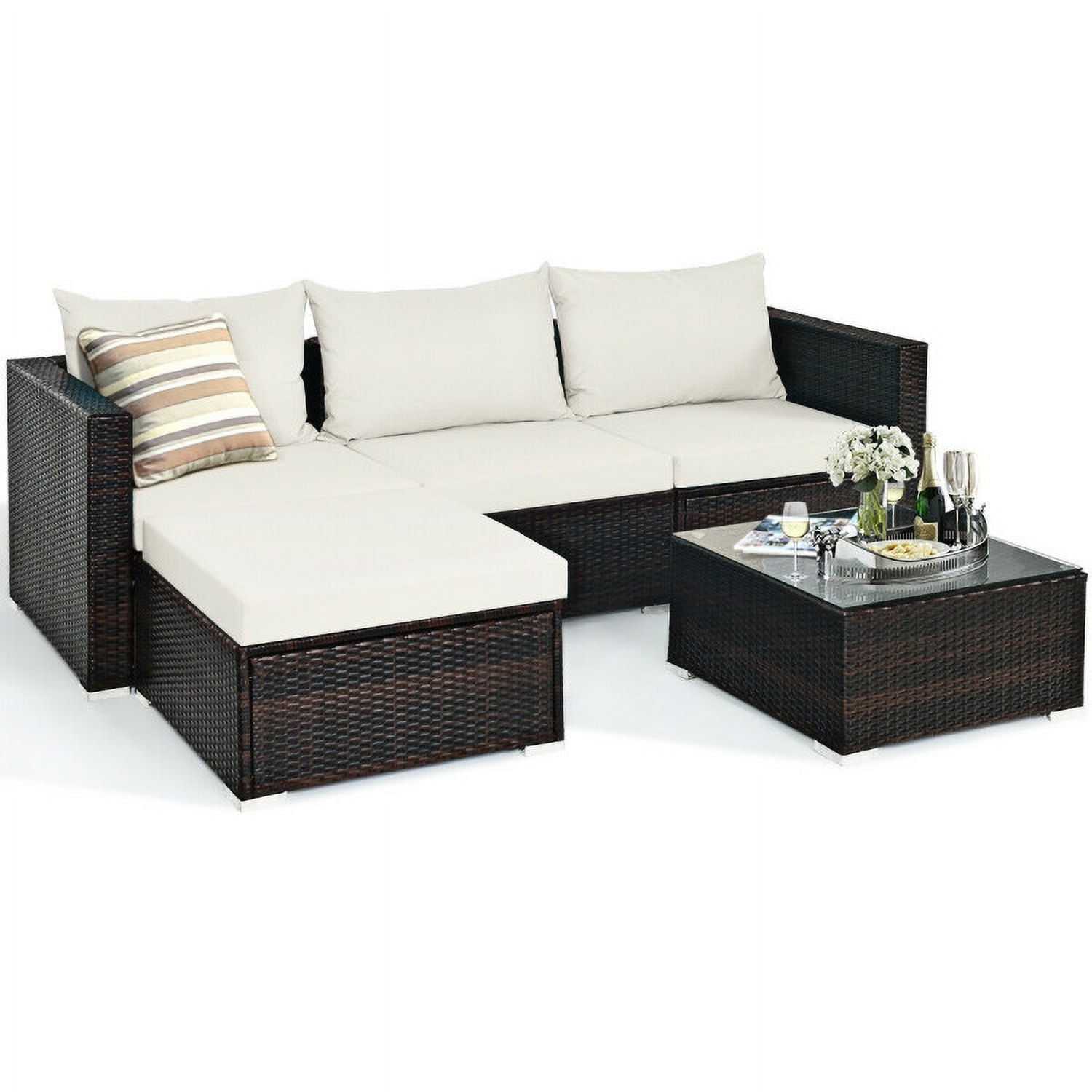 Aimee Lii 5 Pieces Patio Rattan Sectional Furniture Set with Cushions and Coffee Table, Outdoor Deck Furniture, Off White Aimee Lii 5 Pieces Patio Rattan Sectional Furniture Set with Cushions and Coffee Table, Outdoor Deck Furniture, Off White