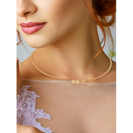 Personalized Block Name Choker Necklace with 14 inch Curb Chain. All Uppercase.