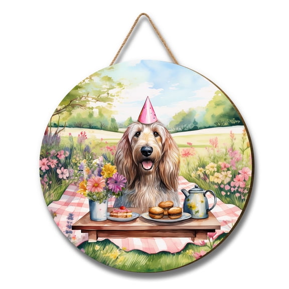 Happy Mother's Day Afghan Hound with Sweets and Flowers at a Picnic Round Wood Sign Dog Lover Hanging Wall Home Decor - 13005
