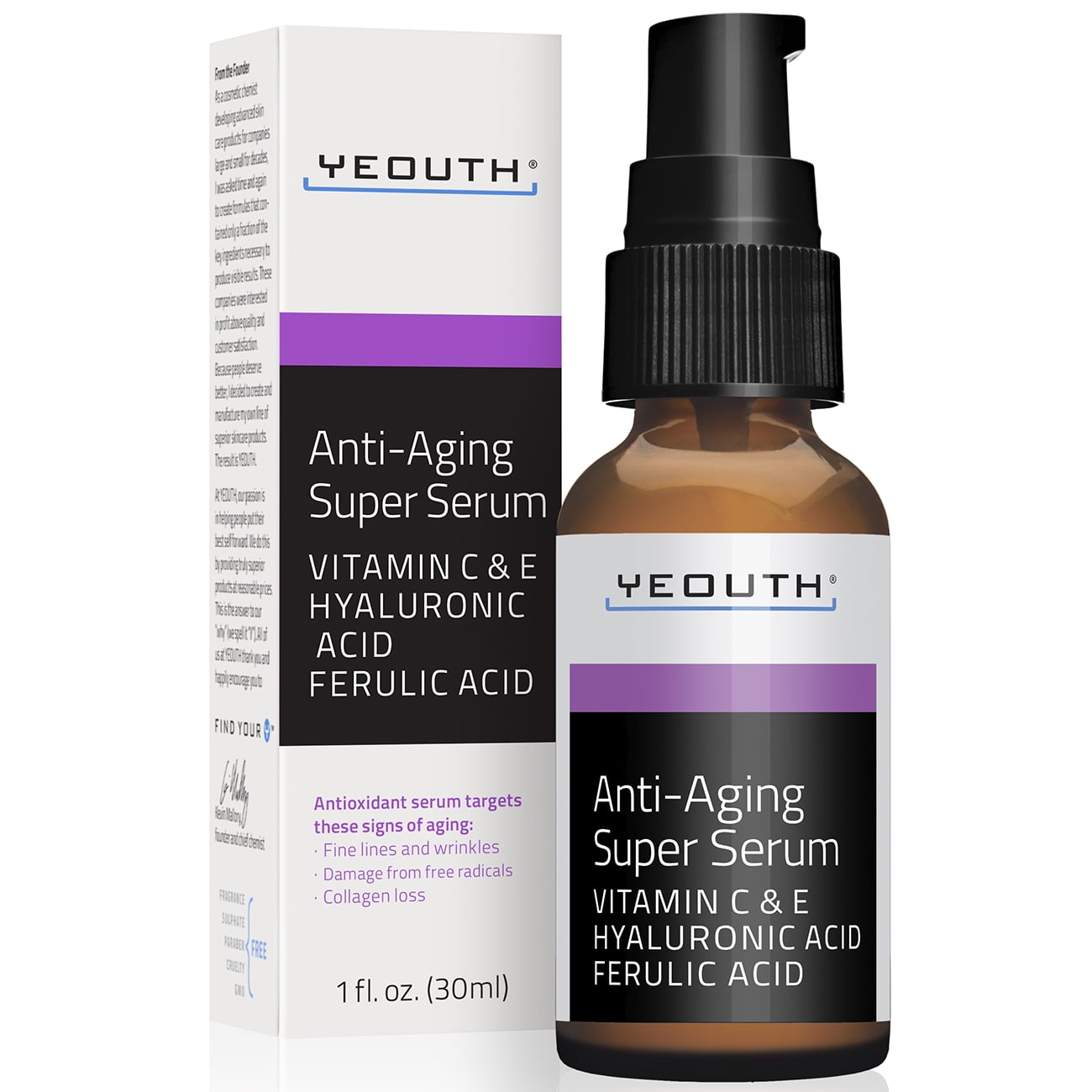 YEOUTH Anti-Aging Super Serum with Vitamin C and E, Hyaluronic Acid and Ferulic Acid for Hydrated, Reduced Wrinkles and Enhanced Skin Tone and Texture - 1 fl. oz