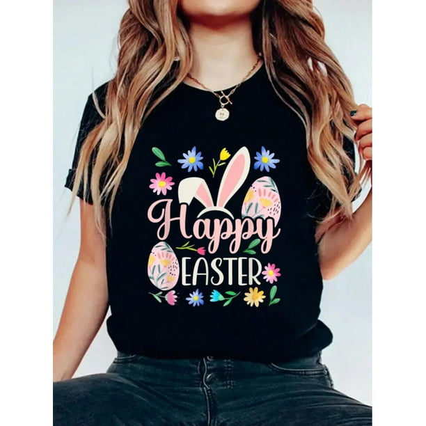 Camiseta con estampado de conejito de Pascua, cuello redondo, manga corta, suave, elegante y cómoda, para mujer, para adultos, hombres y mujeres.