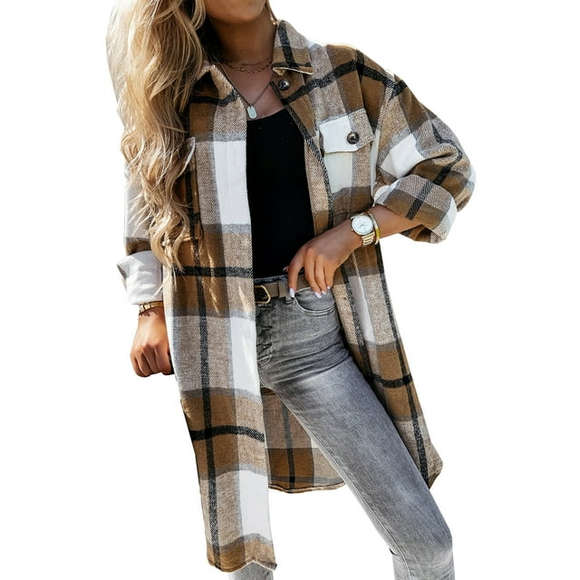 Cardigan Long à Carreaux pour Femmes Veste Surchemise Manches Longues Décontractée Automne