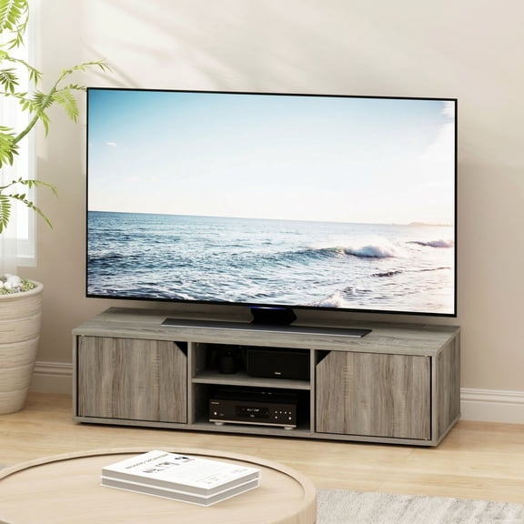 Furinno CLASSIC TV Stand, Petite 2-Tier Entertainment Center with Open Shelf and Door Cabinets, TV Console for TV up to 55 Inch, for Living Room, Bedroom, Grey Oak