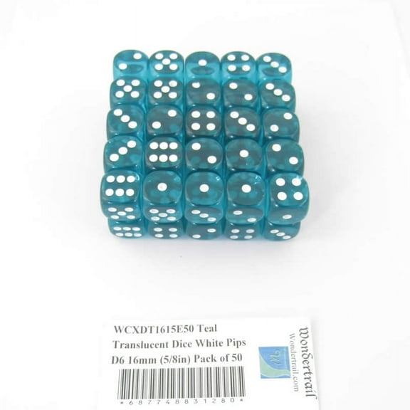 Teal Translucent Dice with White Pips D6 16mm (5/8in) Pack of 50 Wondertrail