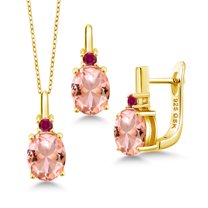 Gem Stone King 6.18 Ct Peach Nano Morganite Red Created Ruby 18K Yellow Gold Plated Silver Pendant and Earrings Jewelry Set