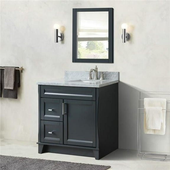 37 in. Single Sink Vanity with Carrara Marble, Left Rectangle Sink, Dark Gray & White - Right Drawers