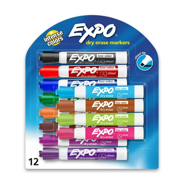 Marcadores de borrado en seco EXPO, con punta cincelada, de bajo olor, 12 colores surtidos