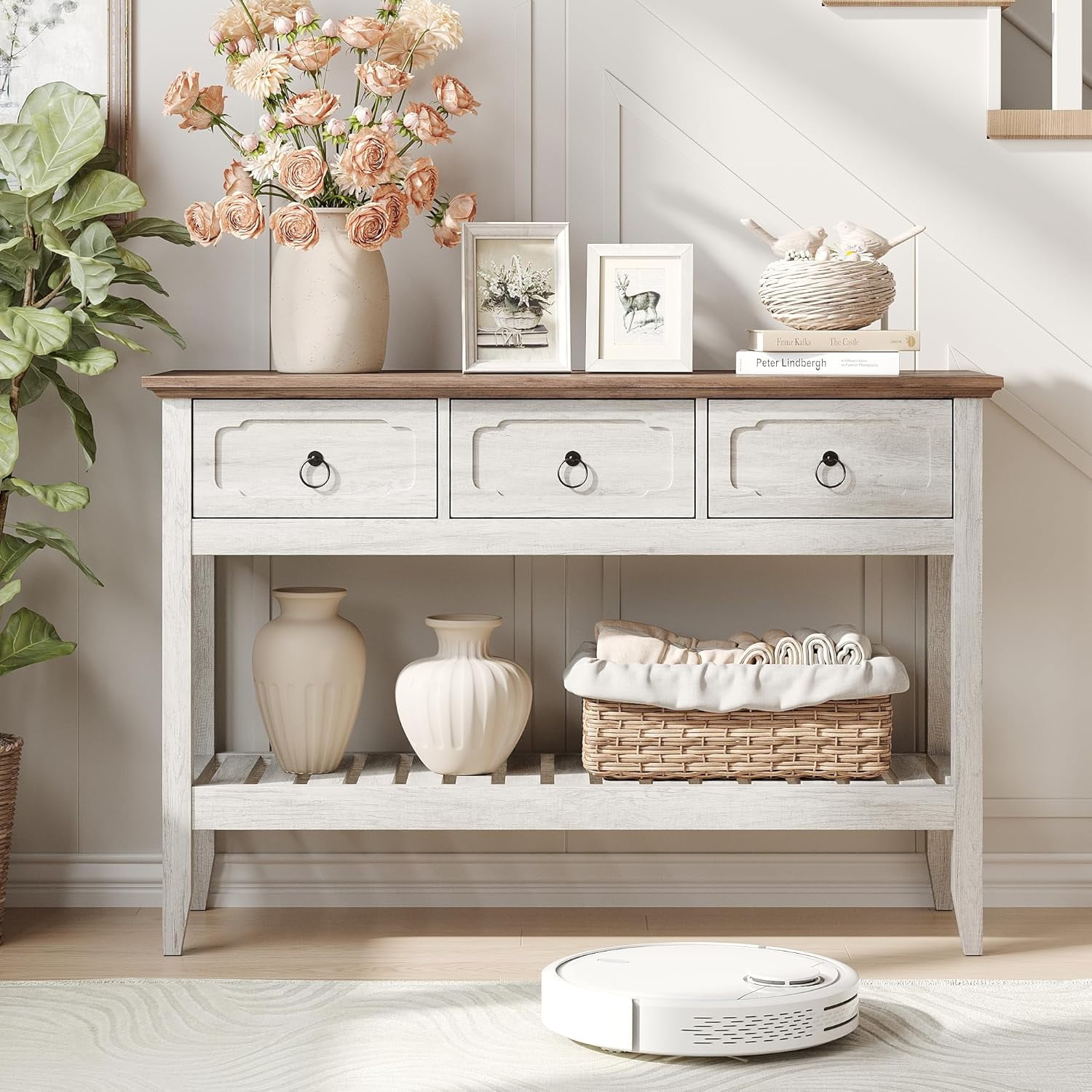 VEANERWOOD Farmhouse Entryway Table with 3 Drawers, 2-Tier Console Table with Storage for Entryway Living Room