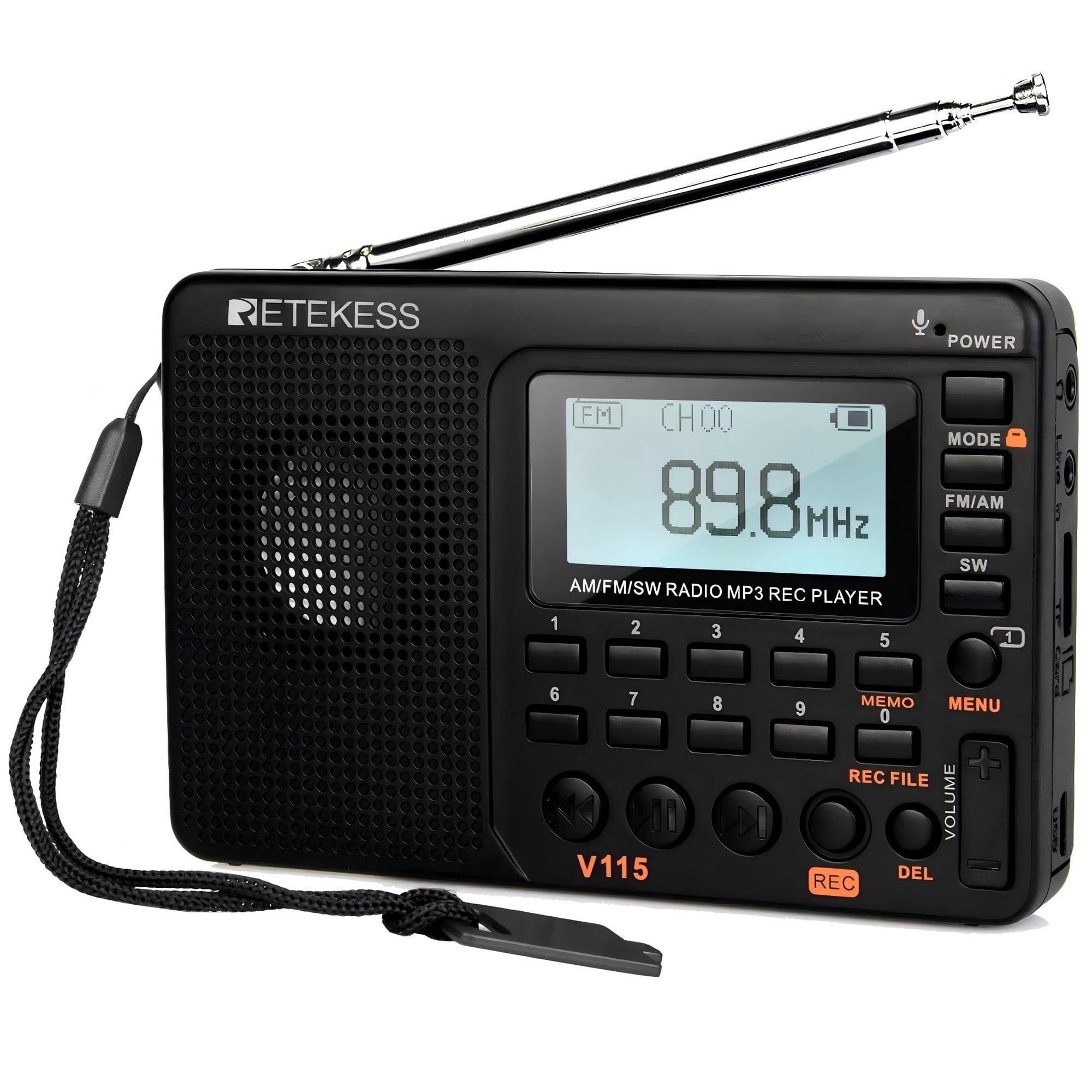 Retekess V115 Shortwave Radio, Digital Radio AM FM, Shortwave Receiver with 1000mAh Rechargeable Battery, Presets, TF/AUX Playback and Recording, Bass Speaker, for Camping