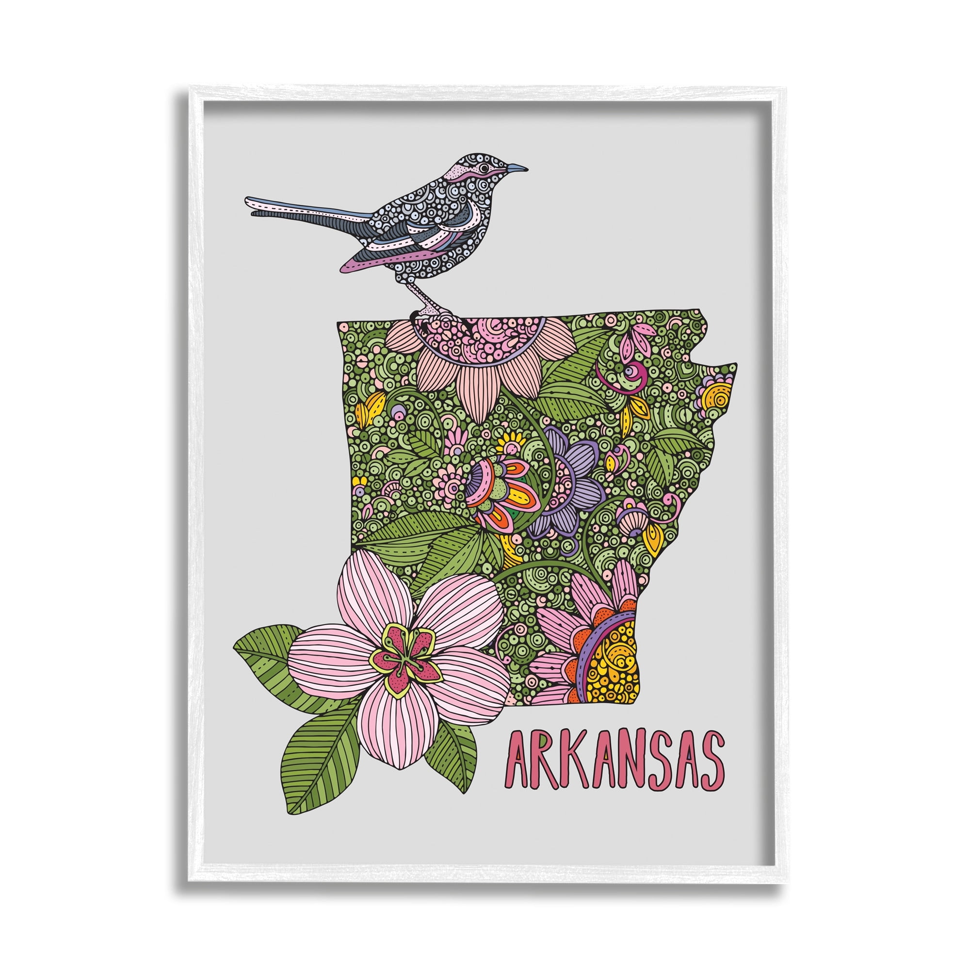 Stupell Industries Intricate Arkansas Floral Pattern Mockingbird Blossom Graphic Art White Framed Art Print Wall Art, Design by Valentina Harper