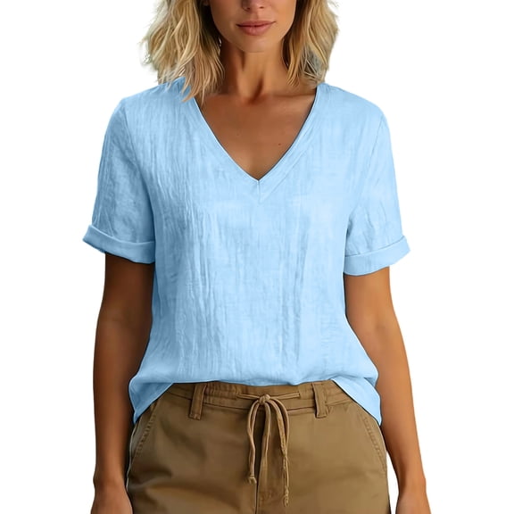 Summer Linen Shirts for Women V Neck Short Sleeve Tunic Tops Loose Fit Comfy Beach Casual Base Tee T-Shirts (XL, Light Blue)