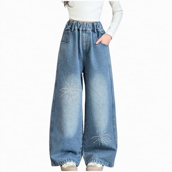 Gubotare Pants for Girls Kids Girls Youth Casual Ripped Jeans Denim Pants Wide Leg Baggy Trousers Size 12-13 (Blue,12-13 Years)