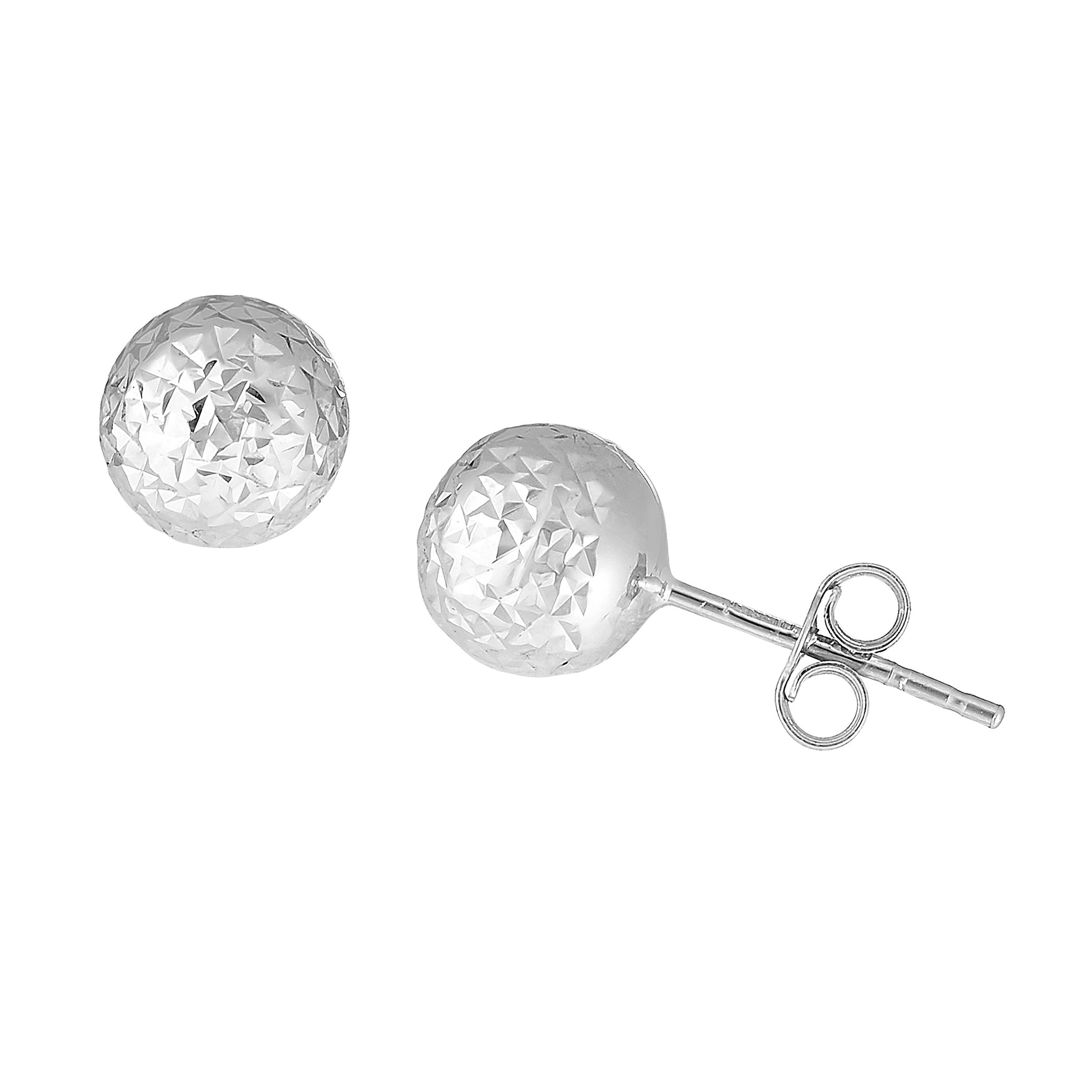 JewelStop 14K White Gold 7mm Ball Stud Earrings with Diamond Cut Textured Finish and Push Back Clasp