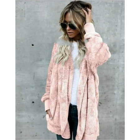 Women Casual Fuzzy Fleece Hooded Cardigan Pocket Faux Fur Outerwear Coat Faux Fur Coat Lamb Wool Overcoat Long Sleeve Hooded Outwear