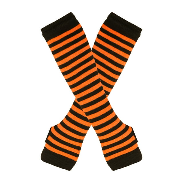 Zhuge Guantes largos sin dedos a rayas para mujer, calentadores de brazos tejidos de invierno para punk rock, cosplay, gótico y fiestas navideñas, color negro y naranja