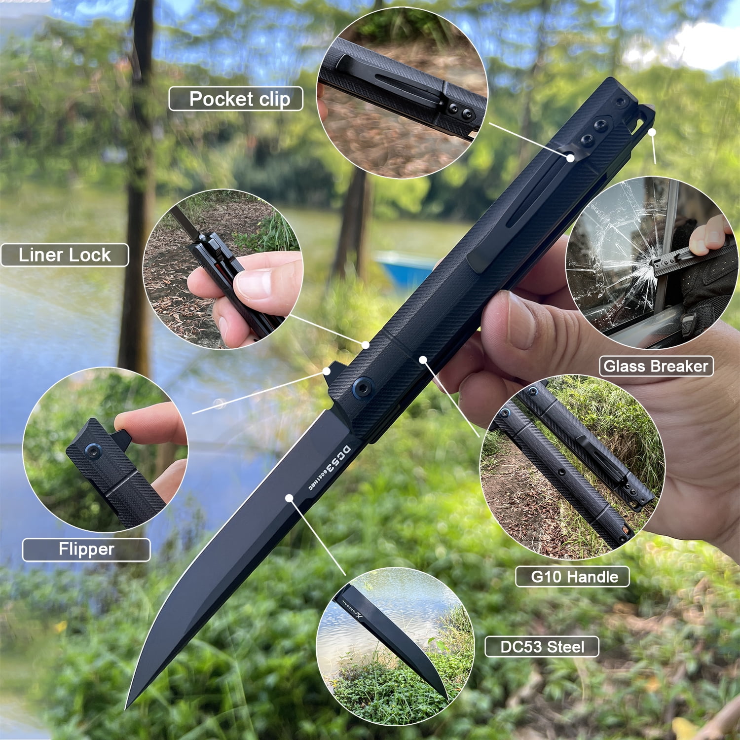 FORESAIL Pocket Folding Knife Black PVD DC53 steel and Black G10 Handle  Outdoor Camping EDC knife