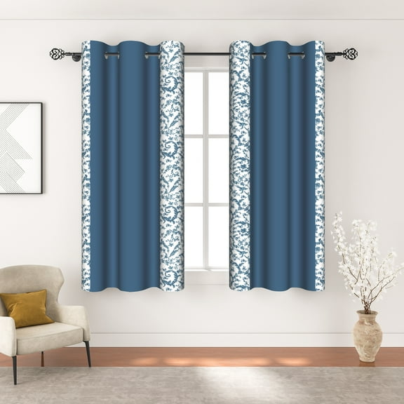 MIZHONA Blue Blackout Curtains for Living Room Floral Window Curtain Set of 2,42"x63"