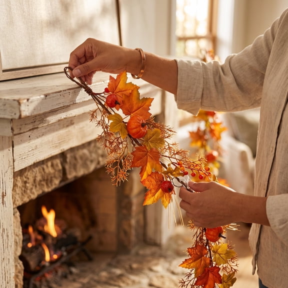 Maple Leaf Pumpkin Garland, Autumn Hanging Rattan Foliage, Mixed Fall Leaf Accents, Realistic Seasonal Decoration, Thanksgiving Halloween Harvest Party Mantel Decor