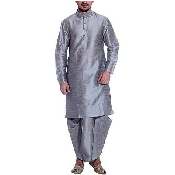 Royal Men's Silk Blend Dhoti & Kurta Set_Silver