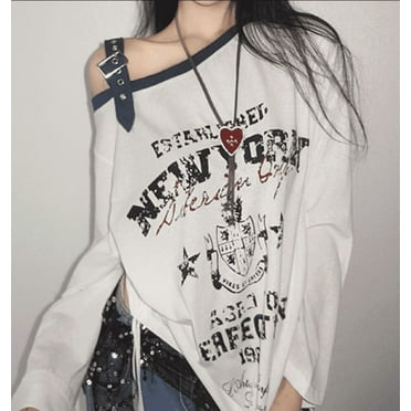 Off-the-Shoulder Long Sleeve Graphic Print Blouse, Women's