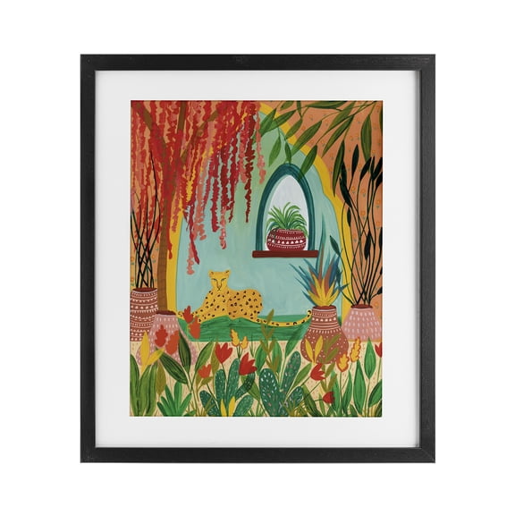 Lone Leopard Among Botanicals Black Framed Print Under Glass, design by Nabeela Rumi