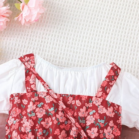 

PEASKJP Semi Formal Dresses for Girls Children Girls Pleated Short Sleeve Floral Floral Flowy Round Neckline Dress Solid Wedding Party Evening Formal Dresses Red 9-12 Months