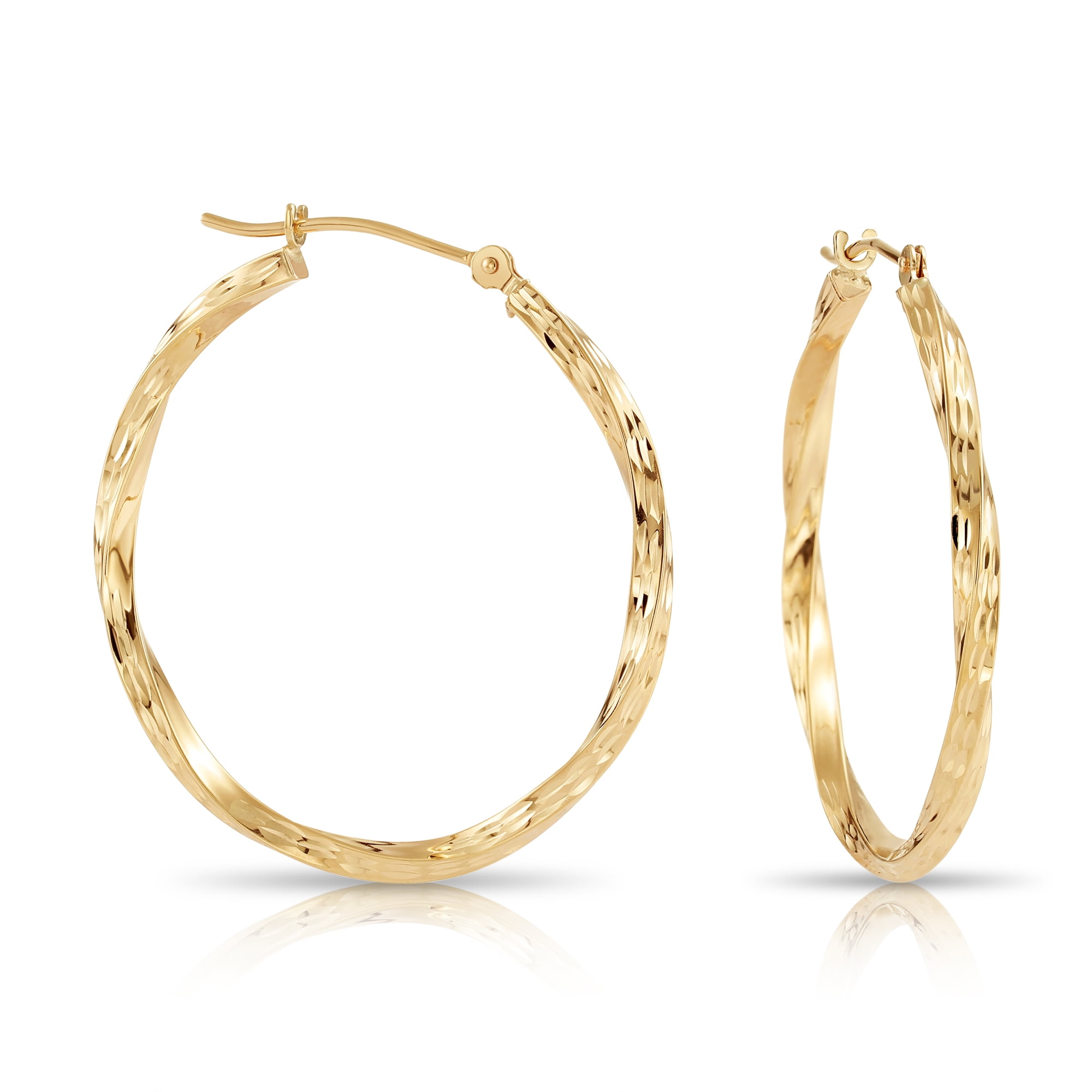 Tilo Jewelry 10K Yellow Gold Twisted Round Hoop Earrings with Diamond-Cut Engraving | 30mm | Everyday Earrings for Women & Unisex