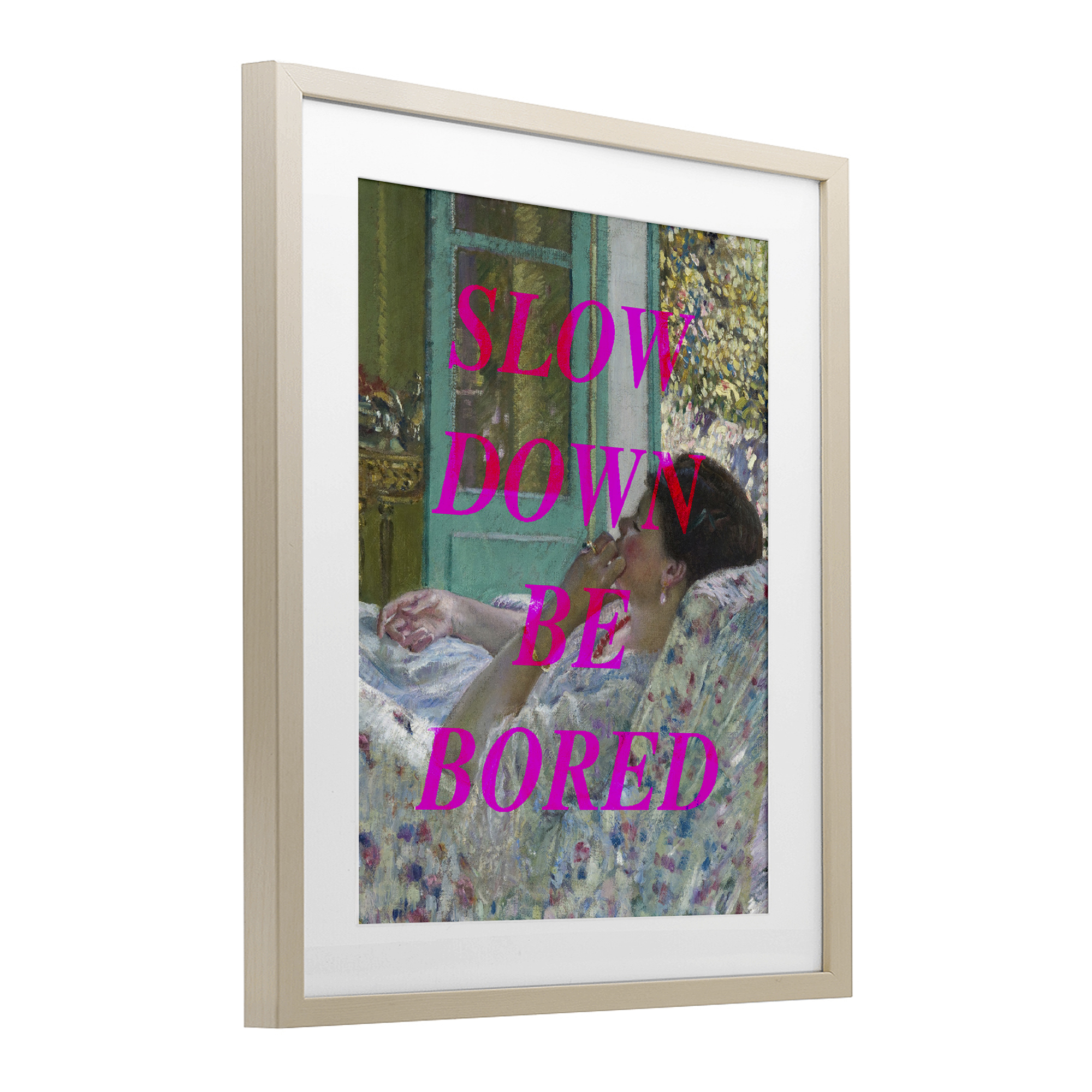 Slow Down Be Bored Classic Birch Framed Print Under Glass, design by Lil' Rue