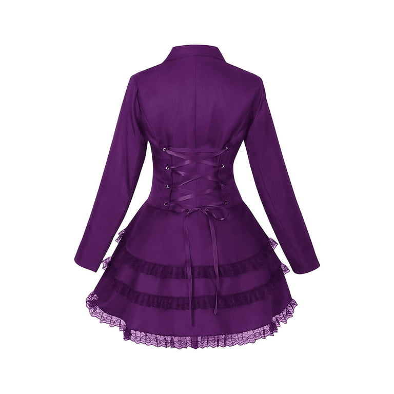 BLTIBY Womens Gothic Stage Dress Lapel Button Court Costum Elegant Lace  Lace Solid Irregular Lace Hem Dresses Halloween Outfits Purple S