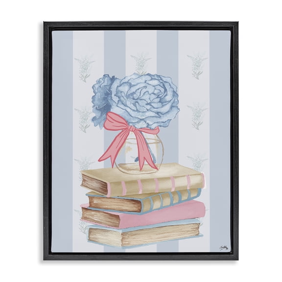 Stupell Industries Traditional Stacked Books & Blue Hydrangeas Black Floating Frame Canvas Art, 17 x 21, by Elizabeth Medley