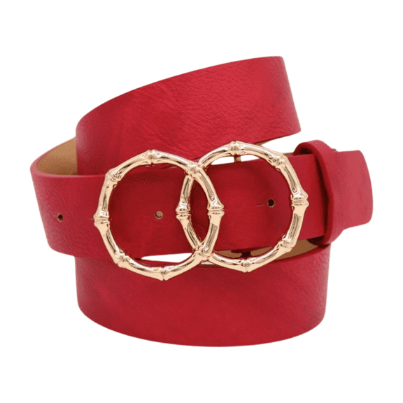 Women Red Faux Leather Belt Gold Bamboo Circle Metal Buckle M L