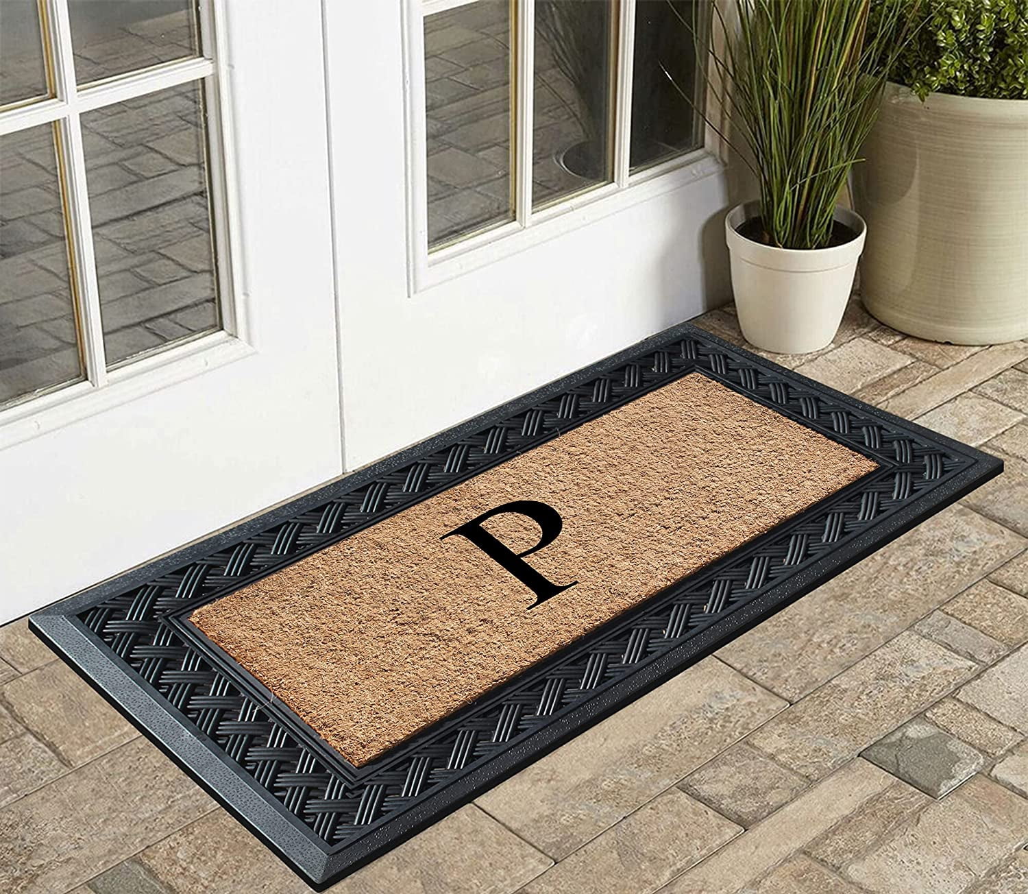 A1 Home Collections Paisley Rubber and Coir Outdoor Doormat, Non-Slip Backing, Black/Beige 23 x 38