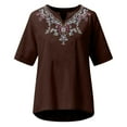 thumbnail image 5 of Penkiiy Women Cotton Linen Tops Causal Summer Short Sleeve Oversized T Shirts V Neck Loose Blouses S Brown, 5 of 5