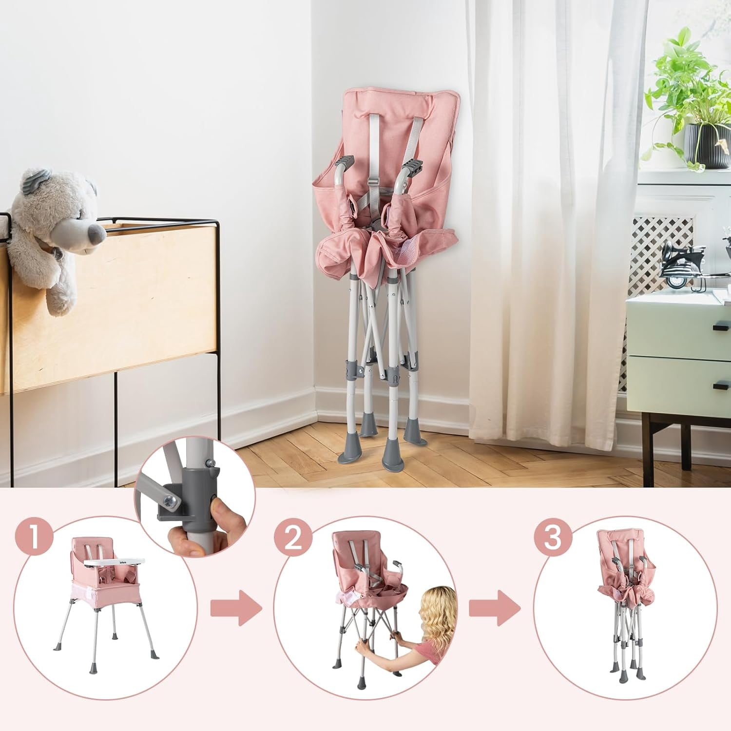 INFANS Baby High Chair, Foldable Portable Highchair for Babies and Toddlers with Travel Bag Adjustable Tray, 5 Point Harness, Compact Space Saver Infant Feeding Chair for Age 6-36 Months