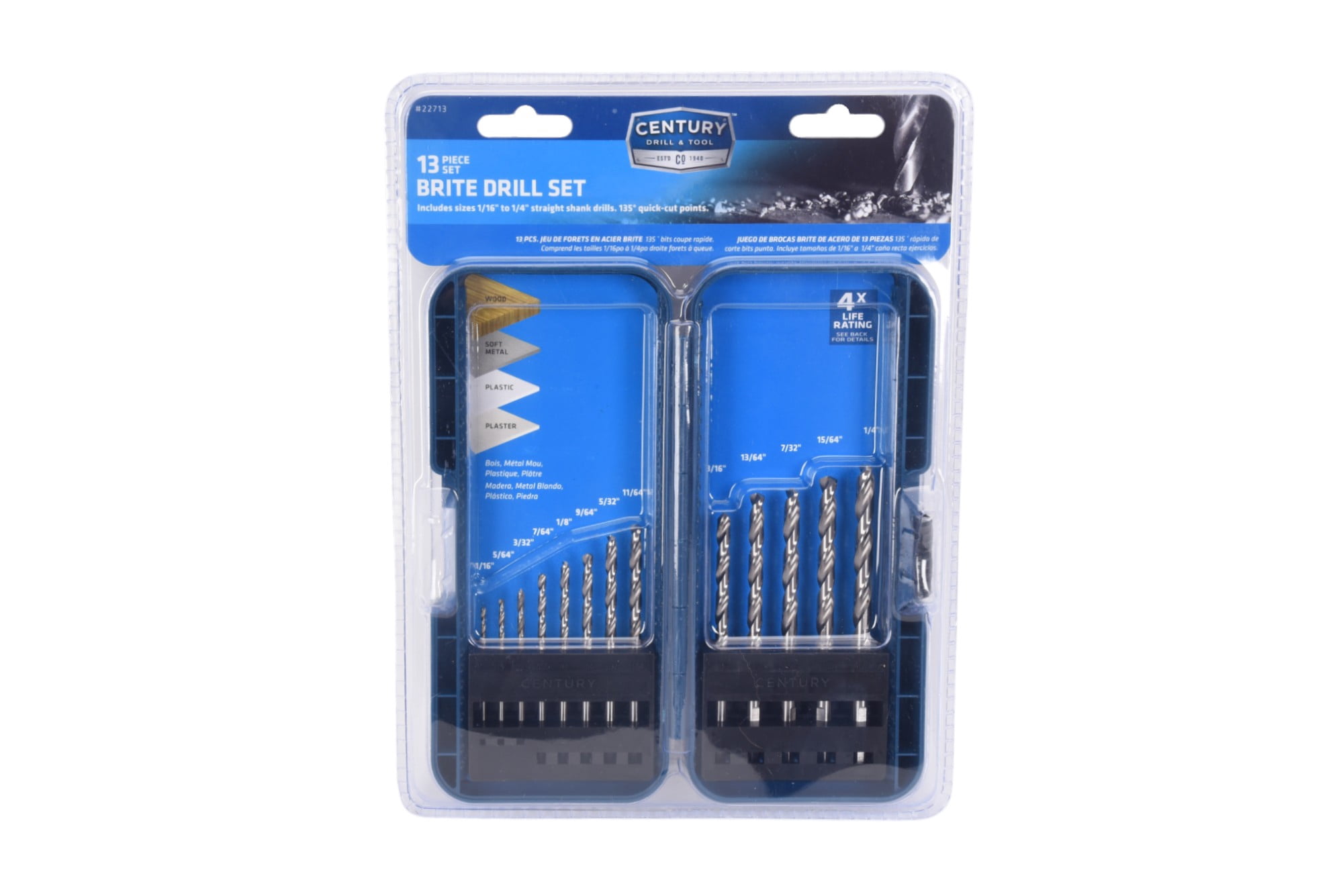 Century Drill & Tool 22713 Brite Drill Bit Set, 13 Piece, High Speed Steel Drills for Wood and Metal
