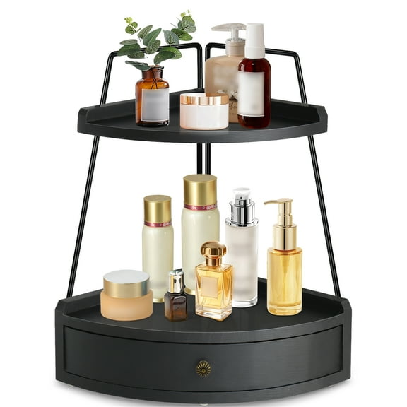 2 Tier Bathroom Counter Organizer, Wood Bathroom Organizer Countertop with Drawer, Corner Storage Shelf for Cosmetic Vanity Tray, Kitchen Spice Rack, Kitchen Organizer and Storage