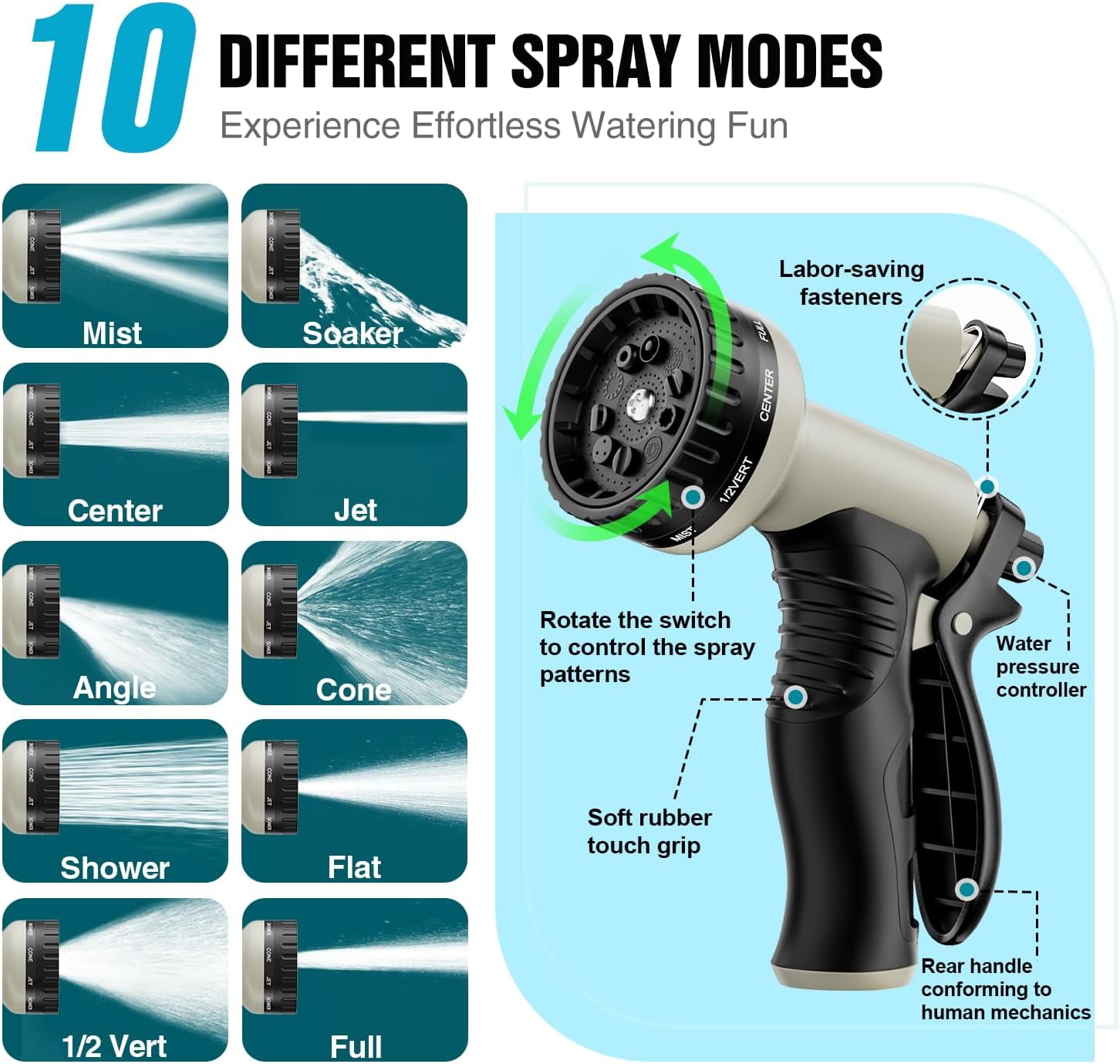 50ft Non-Expandable Garden Hose with 10-Function Nozzle, Kink-Free, Lightweight, Rust Proof for Yard, Car Wash, Lawn