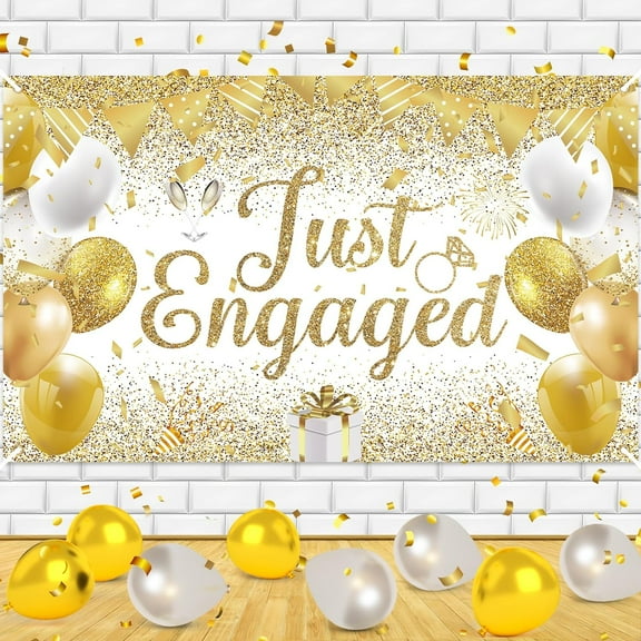Gold Engagement Party Decoration, White Gold Just Engaged Banner Engagement Banner Engagement Backdrop Just Married Decorations Kit for Couple Engagement Party 5.9x3.6ft