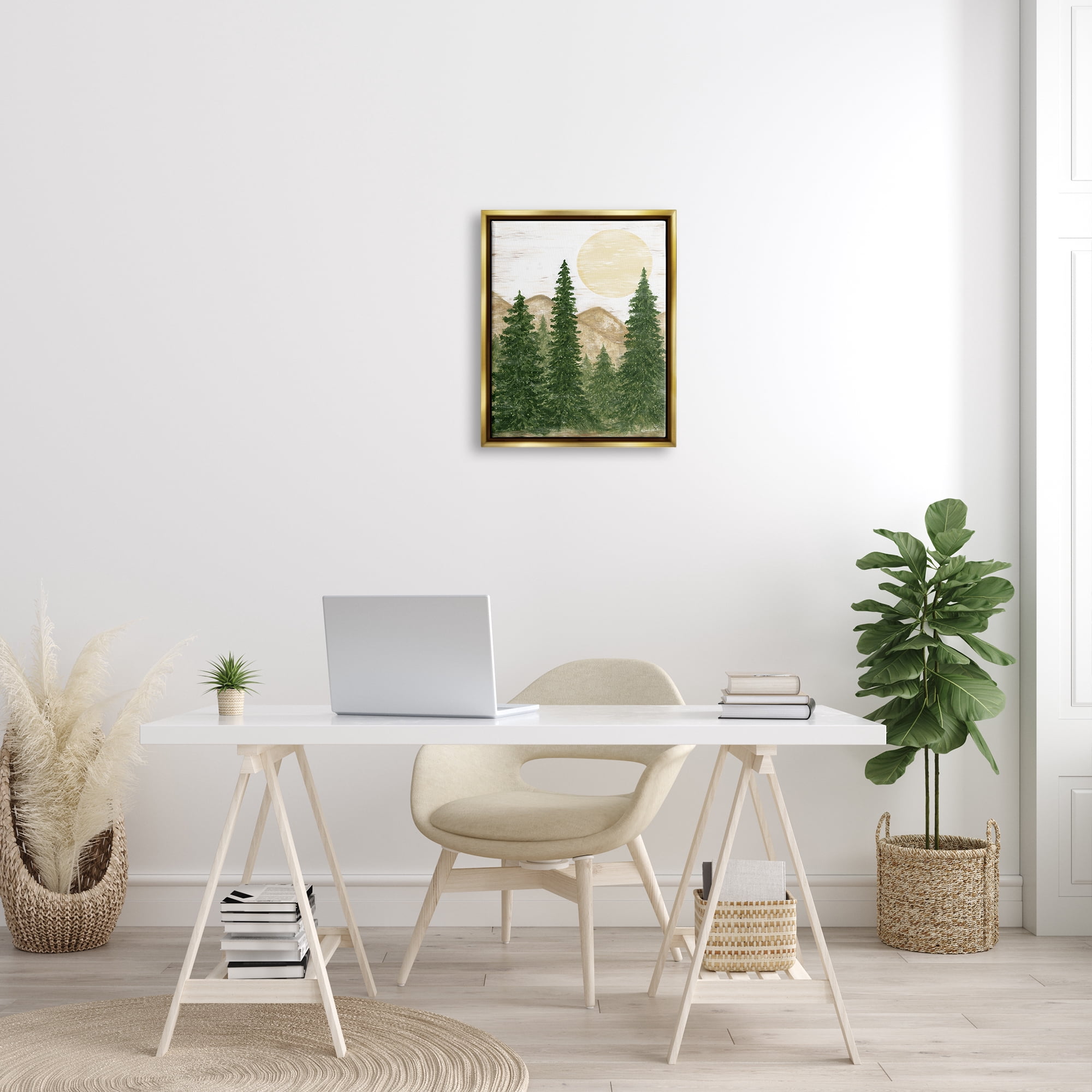 Stupell Rustic Mountain Sun Forest Trees Landscape Painting Gold Floater Framed Art Print Wall Art