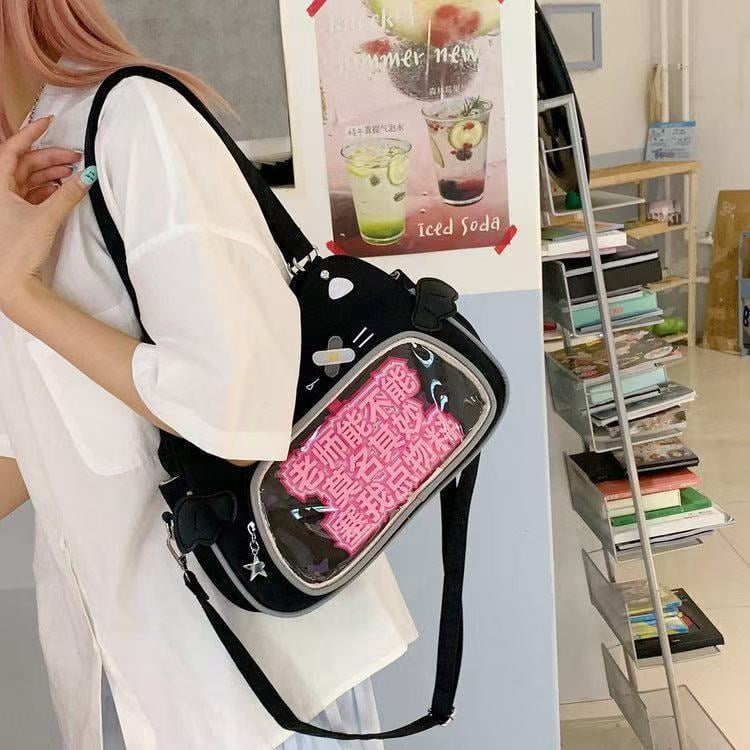 Baguery Kawaii Ita Bag Backpack - Nylon, Cute Cat Insert, Clear Front Pocket, Shoulder/Crossbody, for Otaku Goods/Anime Comic Con